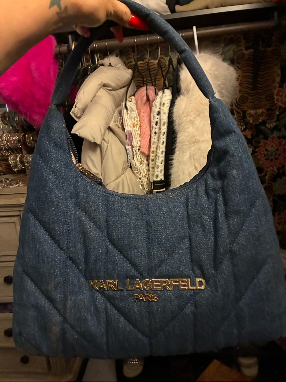 Karl Lagerfeld Quilted Denim Shoulder Bag - Blue with Gold Hardware